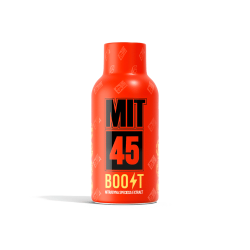 red bottle with lack and yellow text MIT45 Boost