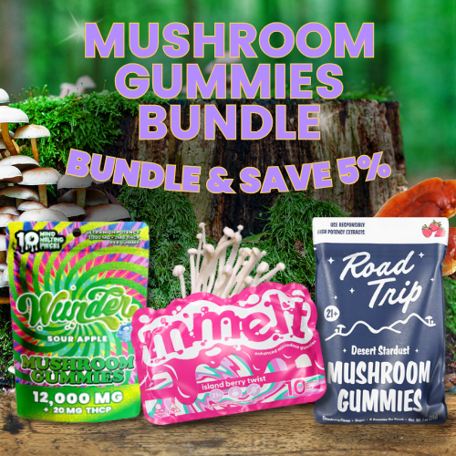 mushroom gummies bundle - three packs of mushroom gummies with forest background