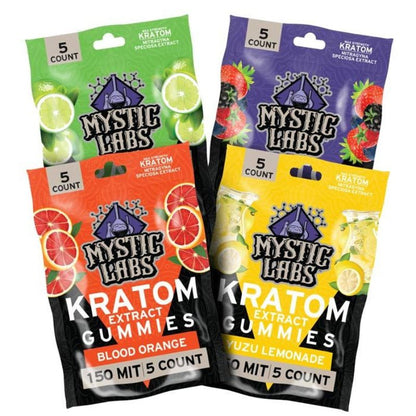 Mystic Labs Kratom 150 MIT Extract Gummies, kratom extract gummies, kratom gummies, green bag with limes next to purple bag with berries above orange bag with blood oranges next to yellow bag with lemons and lemonade, twisted lime, mixed berry magic, blood orange, yuzu lemonade