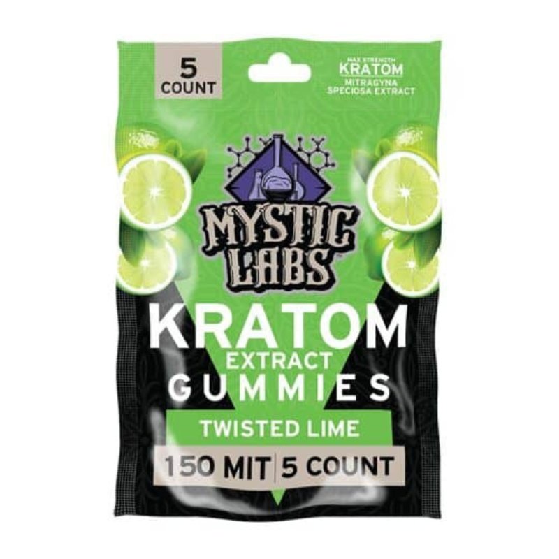 Mystic Labs Kratom 150 MIT Extract Gummies, kratom extract gummies, kratom gummies, green bag with limes with text, twisted lime