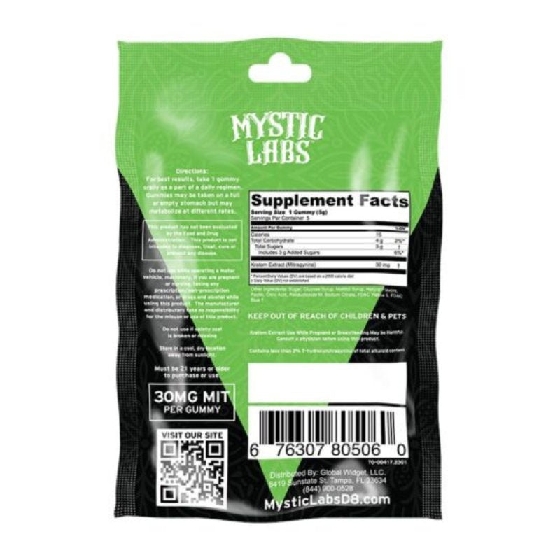 Mystic Labs Kratom 150 MIT Extract Gummies, kratom extract gummies, kratom gummies, green bag with text, twisted lime