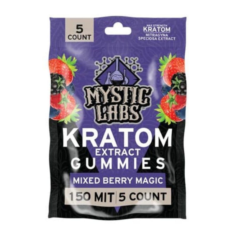 Mystic Labs Kratom 150 MIT Extract Gummies, kratom extract gummies, kratom gummies, purple bag with limes with text, mixed berry magic