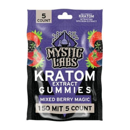 Mystic Labs Kratom 150 MIT Extract Gummies, kratom extract gummies, kratom gummies, purple bag with limes with text, mixed berry magic