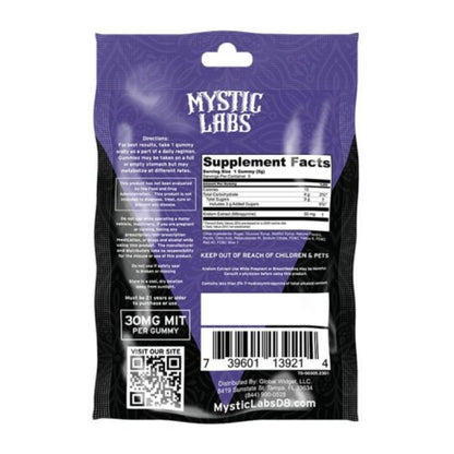 Mystic Labs Kratom 150 MIT Extract Gummies, kratom extract gummies, kratom gummies, purple bag with text, mixed berry magic