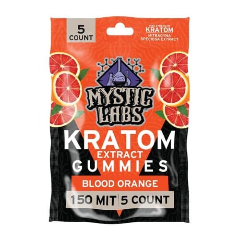 Mystic Labs Kratom 150 MIT Extract Gummies, kratom extract gummies, kratom gummies, orange bag with blood oranges with text, blood orange