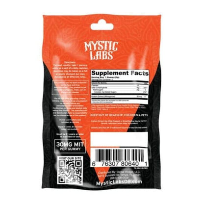 Mystic Labs Kratom 150 MIT Extract Gummies, kratom extract gummies, kratom gummies, orange bag with text, blood orange