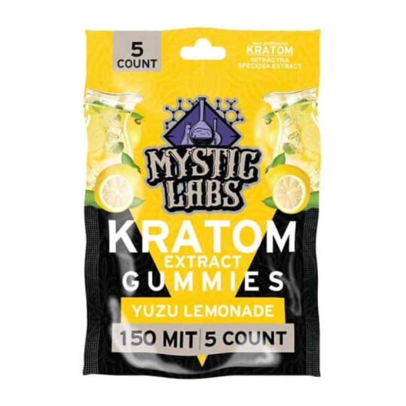 Mystic Labs Kratom 150 MIT Extract Gummies, kratom extract gummies, kratom gummies, yellow bag with lemons and lemonade with text, yuzu lemonade