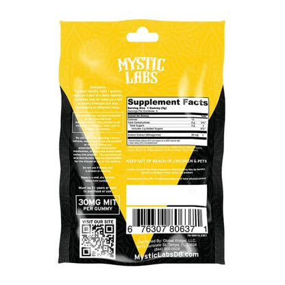 Mystic Labs Kratom 150 MIT Extract Gummies, kratom extract gummies, kratom gummies, yellow bag with text, yuzu lemonade