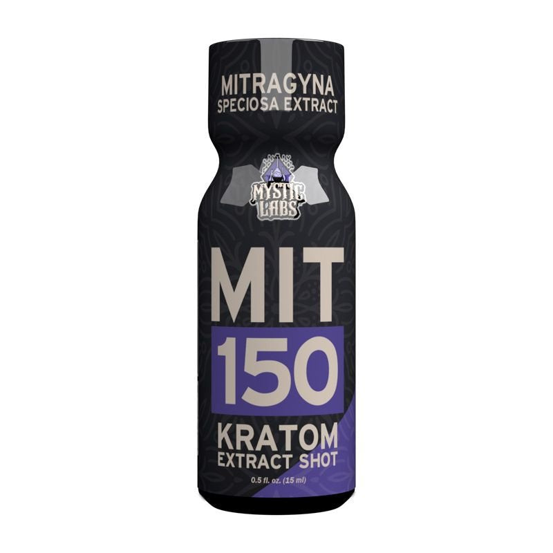 Mystic Labs MIT 150 Kratom Shot, kratom shot, extract shot, liquid extract; black and purple bottle with text, kratom extract shot