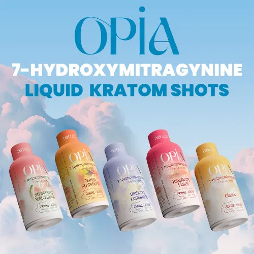 OPiA - 7-OH Liquid Kratom Shots colorful shot bottles on blue sky with white clouds with opia logo and text