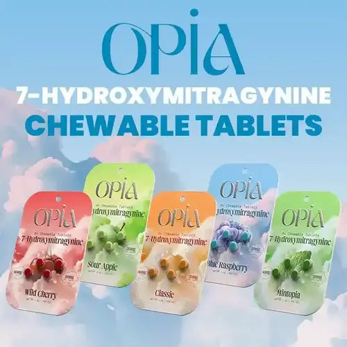 OPiA - 7-OH Chewable Kratom Tablets colorful blister packs on blue sky with white clouds and opia logo and text