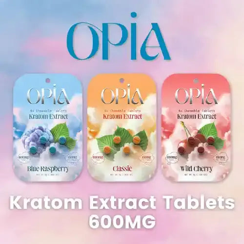 Opia Kratom Extract Tablets - three packs of tablets with pink background