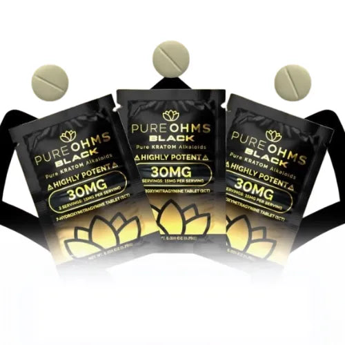 Pure Ohms Black 7-OH Tablet - 30mg 3 black pouches with pure ohms logo and gold text with three kratom 7-oh tablets