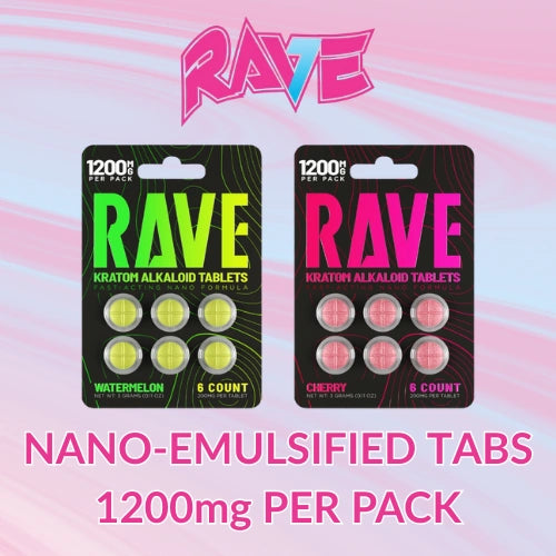 two packages of Rave kratom tablets against pink swirl background