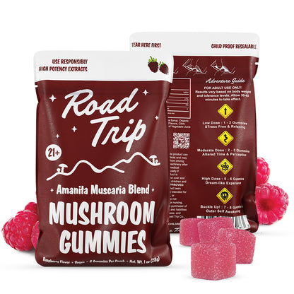 Road Trip Amanita Muscaria Magic Mushroom Gummies, magic mushroom gummies, mushroom gummies, amanita muscaria, burgundy and white bags with text and mountains and mushrooms with raspberries and pink square gummies, raspberry