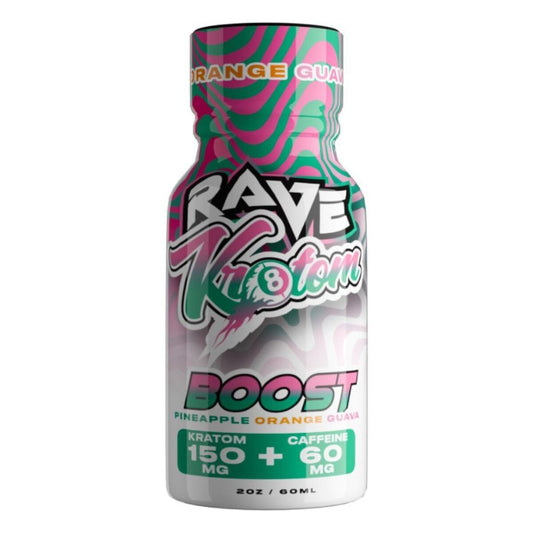 Rave Kratom Boost Shot, kratom shot, extract shot, liquid extract; pink and green bottle with text, kratom and caffeine