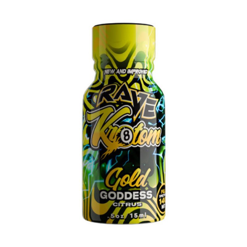 Rave Kratom Gold Goddess Shot, kratom shot, extract shot, liquid extract; yellow and black bottle with text, citrus