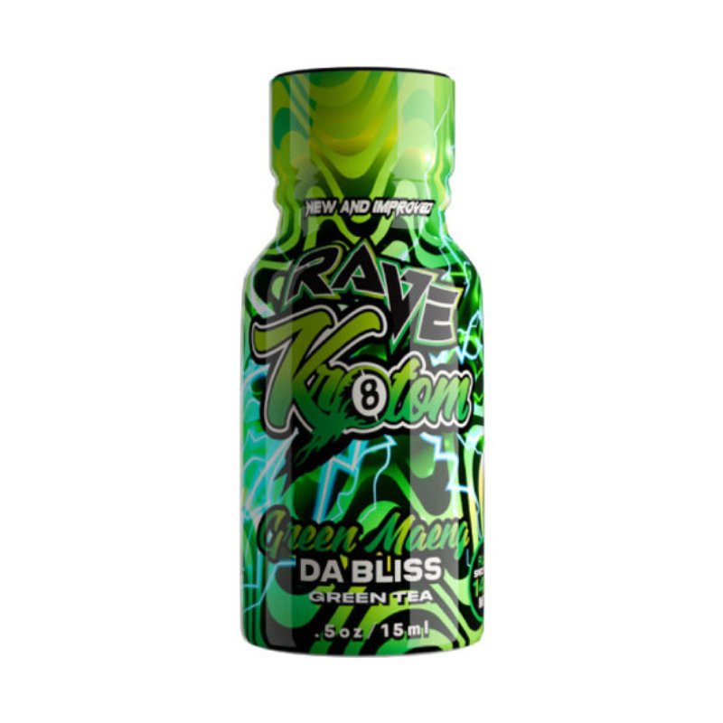 Rave Kratom Green Maeng Da Bliss Shot, kratom shot, extract shot, liquid extract; green and black bottle with text, green tea