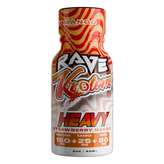 Rave Kratom Heavy Shot, kratom shot, extract shot, liquid extract; red and orange bottle with text, kratom and kanna and gaba