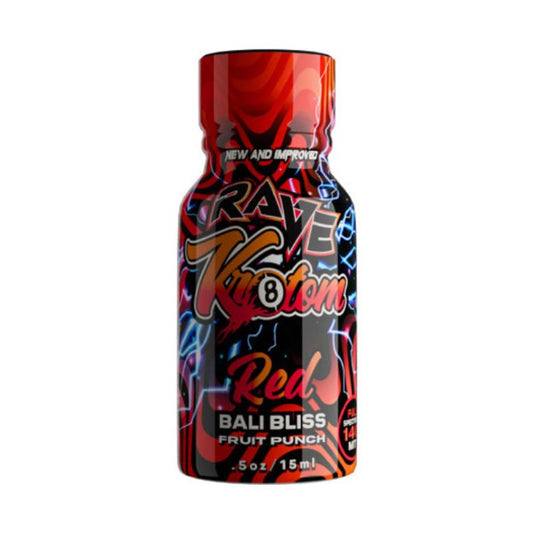 Rave Kratom Red Bali Bliss Shot, kratom shot, extract shot, liquid extract; red and black bottle with text, fruit punch