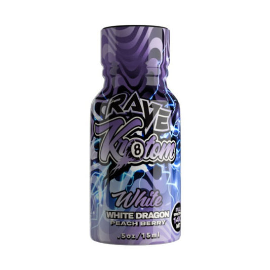 Rave Kratom White Dragon Shot, kratom shot, extract shot, liquid extract; purple and black bottle with text, peach berry