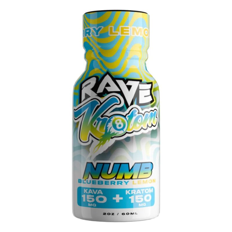 Rave Kratom Numb Shot, kratom shot, extract shot, liquid extract; yellow and blue bottle with text, kratom and kava