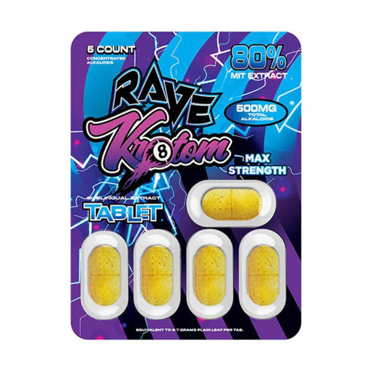 Rave Kratom - Max Strength Kratom Extract Tablets- 5 count - purple, blue and black packaging with 5 yellow tablets in center