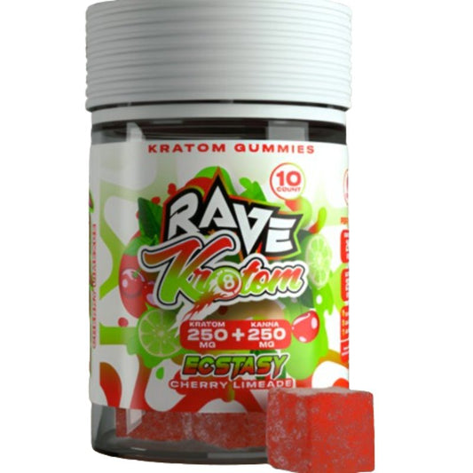 Rave Kratom Ecstasy Gummies, kratom and kanna gummies, gummies, red and green bottle with text next to red square gummy, cherry limeade