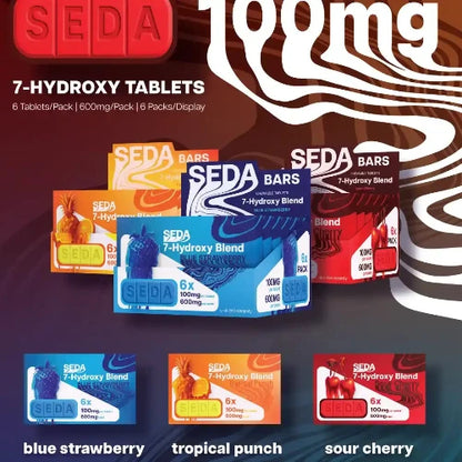 SEDA group photo with three packages of 7OH tablets against brown and gray background