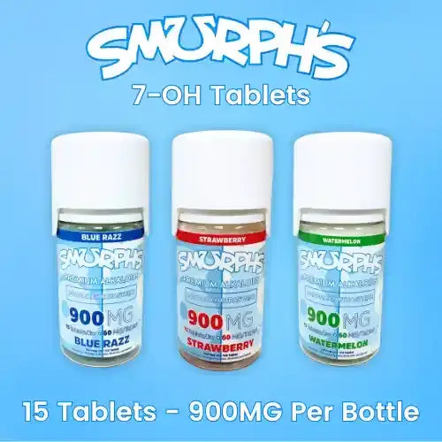 smurphs 7OH tablets - three jars of tablets against blue background