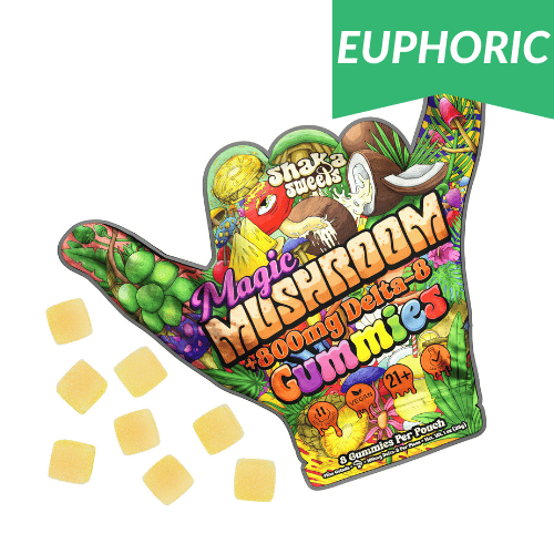 shaka sweets magic mushroom 800mg delta 8 gummies colorful pouch in hang ten hand shape with yellow gummies d8