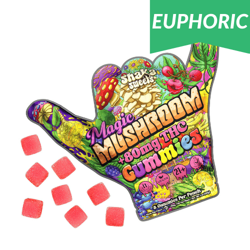 shaka sweets magic mushroom 80mg thc gummies colorful pouch in hang ten hand shape with red gummies