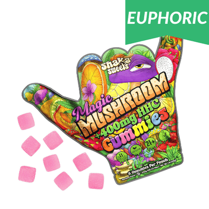 shaka sweets magic mushroom 400mg hhc gummies colorful pouch in hang ten hand shape with pink gummies