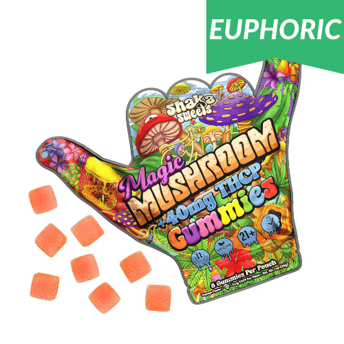 shaka sweets magic mushroom 40mg thcp gummies colorful pouch in hang ten hand shape with orange gummies