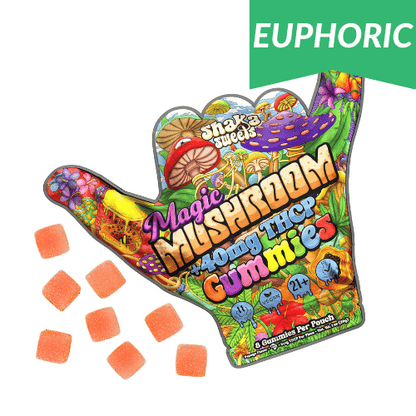 shaka sweets magic mushroom 40mg thcp gummies colorful pouch in hang ten hand shape with orange gummies