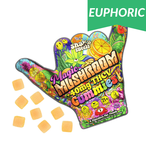 shaka sweets magic mushroom 40mg thcv gummies colorful pouch in hang ten hand shape with orange gummies