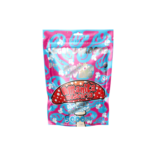 Shroom Living Pure Amanita Muscaria Gummies, magic mushroom gummies, mushroom gummies, amanita muscaria, pink and blue bag with red mushroom and text, blue razz, 5000mg