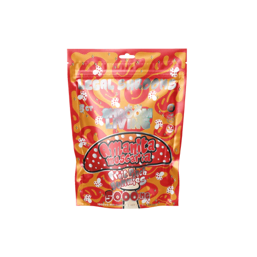 Shroom Living Pure Amanita Muscaria Gummies, magic mushroom gummies, mushroom gummies, amanita muscaria, red and orange bag with red mushroom and text, fruit punch, 5000mg