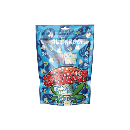 Shroom Living Delta 9 Amanita Muscaria Gummies, magic mushroom gummies, mushroom gummies, mushroom and thc gummies, mushroom delta 9 gummies, delta 9, blue bag with mushroom and text next to pink bag with mushroom and text, blueberry pie