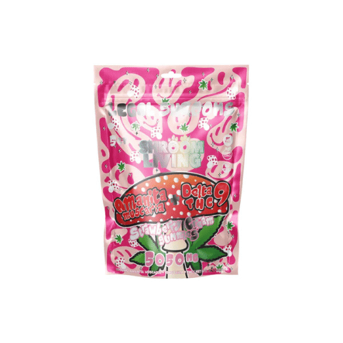 Shroom Living Delta 9 Amanita Muscaria Gummies, magic mushroom gummies, mushroom gummies, mushroom and thc gummies, mushroom delta 9 gummies, delta 9, pink bag with mushroom and text next to pink bag with mushroom and text, strawberry cream