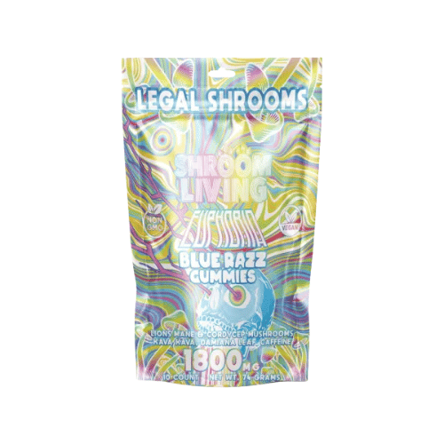 Shroom Living Euphoria Gummies, mushroom gummies, mushroom and kava gummies, Lions Mane & Cordyceps Mushrooms, Kava Kava, Damiana Leaf & Caffeine, colorful rainbow bag with text, 1800mg, blue razz, euphoria