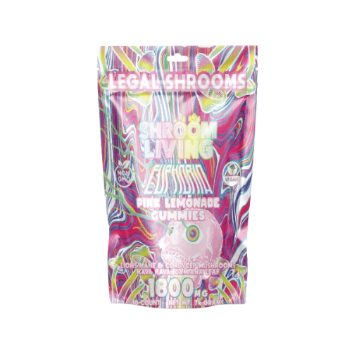 Shroom Living Euphoria Gummies, mushroom gummies, mushroom and kava gummies, Lions Mane & Cordyceps Mushrooms, Kava Kava, Damiana Leaf, colorful pink bag with text, 1800mg, no caffeine, caffeine free