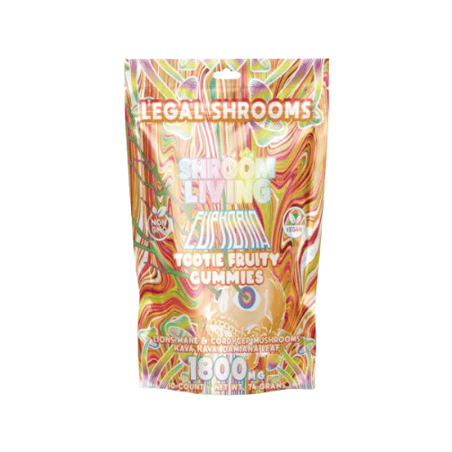 Shroom Living Euphoria Gummies, mushroom gummies, mushroom and kava gummies, Lions Mane & Cordyceps Mushrooms, Kava Kava, Damiana Leaf, colorful orange bag with text, 1800mg, no caffeine, caffeine free