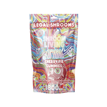 Shroom Living Euphoria Gummies, mushroom gummies, mushroom and kava gummies, Lions Mane & Cordyceps Mushrooms, Kava Kava, Damiana Leaf & Caffeine, colorful rainbow bag with text, 1800mg, cherry pie, euphoria