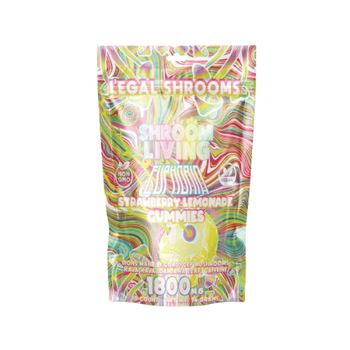 Shroom Living Euphoria Gummies, mushroom gummies, mushroom and kava gummies, Lions Mane & Cordyceps Mushrooms, Kava Kava, Damiana Leaf & Caffeine, colorful rainbow bag with text, 1800mg, strawberry lemonade, euphoria