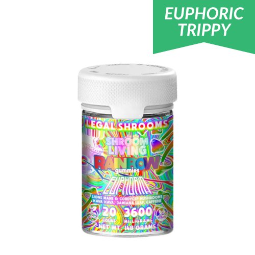 Shroom Living Euphoria Gummies, mushroom gummies, mushroom and kava gummies, Lions Mane & Cordyceps Mushrooms, Kava Kava, Damiana Leaf & Caffeine, colorful rainbow jar with white lid and text, 3600mg