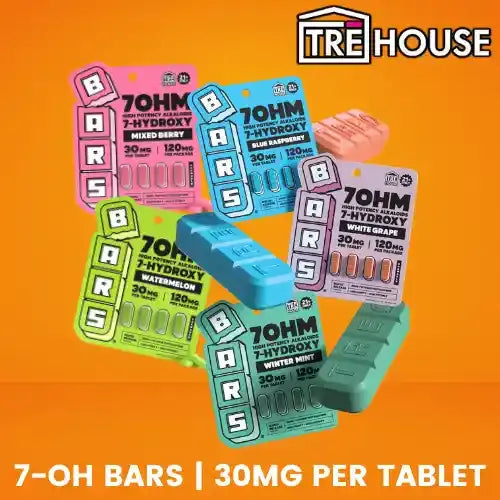TRE House 7OH BARS - colorful tablet packages against orange background
