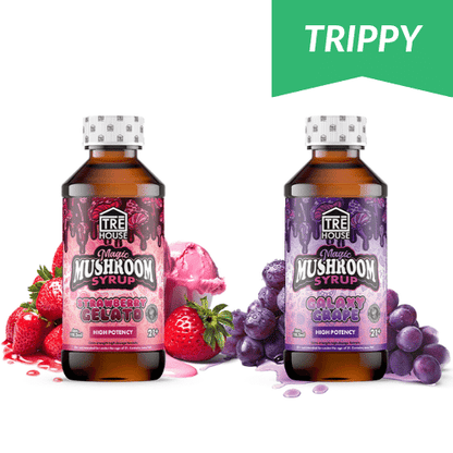 TRĒ House Magic Mushroom High Potency Syrup, mushroom syrup, magic mushroom high potency syrup, red and brown bottle with text and strawberry gelato next to purple and brown bottle with text grapes, trippy