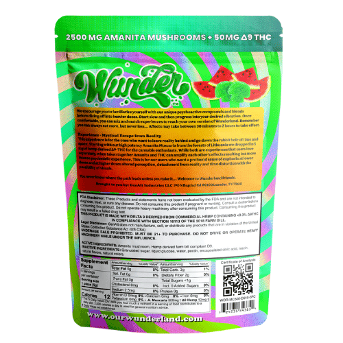 Wunder Amanita Muscaria Mushroom + D9 THC Gummies, magic mushroom gummies, mushroom gummies, amanita muscaria, mushroom and D9 THC, back of colorful green bag with text, watermelon, 2500mg