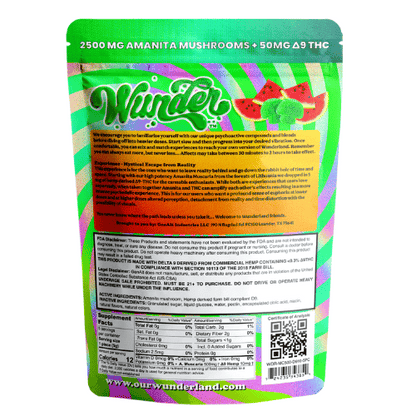 Wunder Amanita Muscaria Mushroom + D9 THC Gummies, magic mushroom gummies, mushroom gummies, amanita muscaria, mushroom and D9 THC, back of colorful green bag with text, watermelon, 2500mg